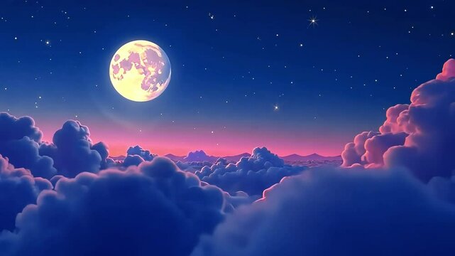 Full moon in the night sky with stars shines above the clouds, cartoon illustration style, twilight, dreamy atmosphere