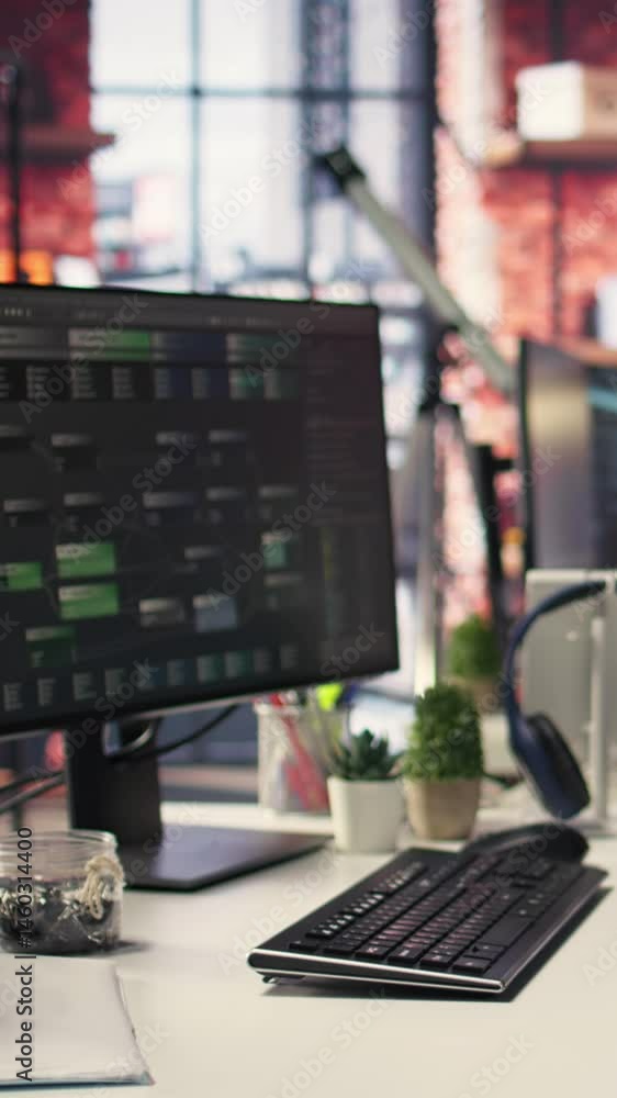 Poster vertical video empty ai developer desk including a monitor filled with neural network data, highligh