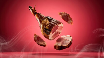 Smoky glazed ham floating in red studio with scattered slices below
