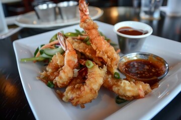 Tempura: A plate of crispy tempura vegetables and shrimp with dipping sauce