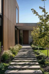 Obraz premium Modern architectural design featuring a stylish entrance with stone pathway surrounded by greenery and plants in a residential setting during daylight hours