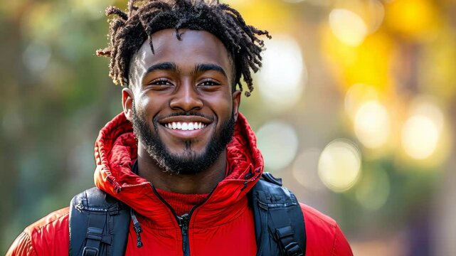 Man smiling outdoors:  A young man with dreadlocks and a warm smile in a red jacket looks at the camera, a joyful portrait of happiness, warmth, and positive energy. 