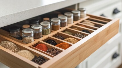 Kitchen spices organized inside open drawer for cooking preparation, lifestyle