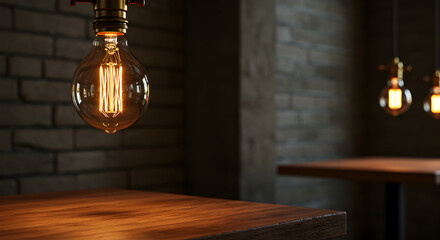 Warm Interior With Hanging Edison Light Bulb Over Wooden Counter