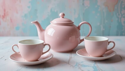 Fototapeta premium Charming Pink Tea Set on a Marble Surface With Pastel Background in a Cozy Setting