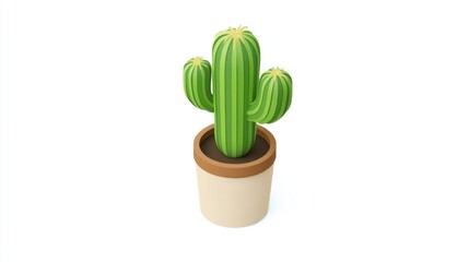 Potted cactus plant, isometric view, white background, home decor