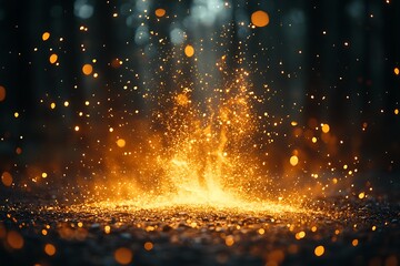 Obraz premium Golden Particle Explosion on Rough Surface with Dark Backdrop and Bokeh Lights