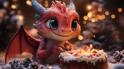 Fototapeta premium Adorable Red Dragon Reaching for Festive Cake Amidst Snowy Pinecones and Warm Bokeh Lights for Holiday or Celebratory Use