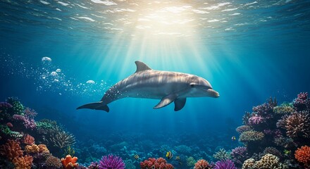 Fototapeta premium A dolphin gracefully swims through vibrant coral reefs, gliding past bursts of color in the crystal-clear water.
