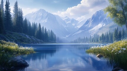 Fototapeta premium Serene mountain lake landscape reflecting a peaceful sky.