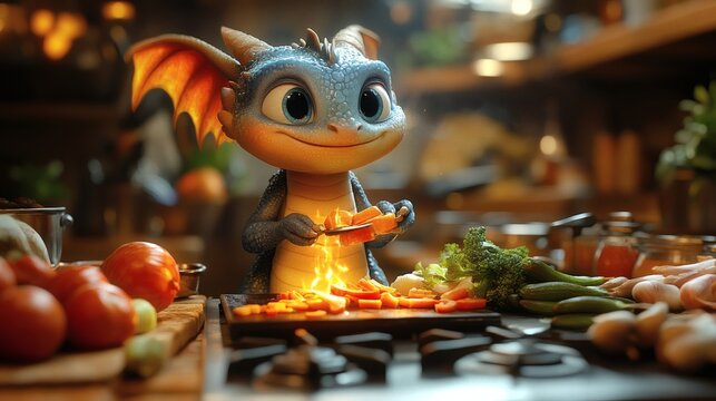 Blue dragon character cooking fresh vegetables in a warm kitchen setting, preparing a healthy meal with flair and fire