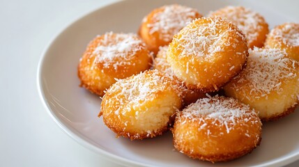 Delicious Round Coconut Glazed Cakes on a White Plate Dessert Treat Isolated