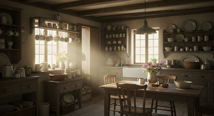 Rustic Kitchen Interior With Natural Light And Wooden Details
