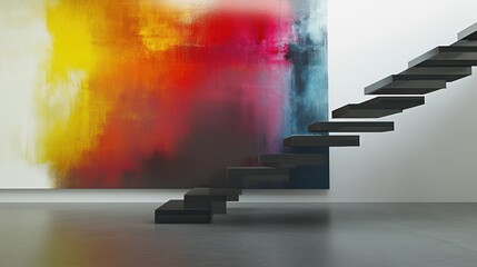Staircase leads up past colorful abstract painting. Modern interior design use