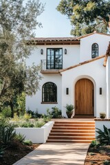 An elegant white villa featuring a charming wooden door gracefully surrounded by lush greenery, all set in a peaceful and serene daytime environment