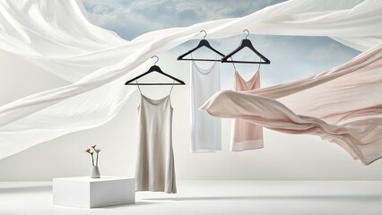 Elegant Draped Fabrics with Hanging Dresses and Fresh Flowers Display