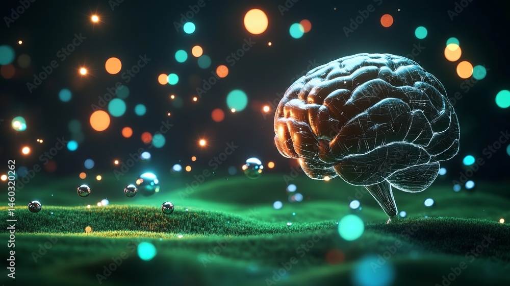 Poster abstract human brain in green field with glowing lights artistic 3d render mind data shiny future