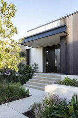 A contemporary residential entrance is beautifully framed by vibrant greenery, showcasing striking modern architectural design illuminated by bright daylight