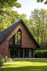 Obraz premium A contemporary brick house nestled amidst vibrant greenery, perfectly situated in a tranquil forest environment as the late afternoon sun begins to set