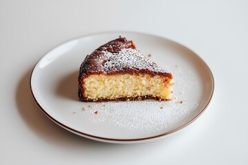 Cake Slice Sprinkled with Powdered Sugar on Plate with White Background