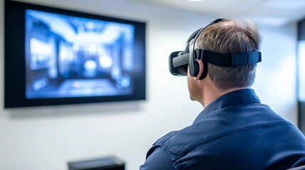 Man using virtual reality headset experiencing immersive digital technology modern office vr 3d male