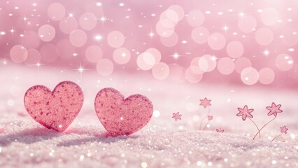 Sweet Pink Hearts on Soft Background with Sparkling Effects