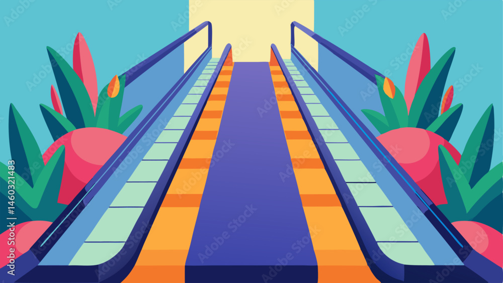 Poster silent escalators a view of escalators that lead to empty upper levels with vibrant plants on either