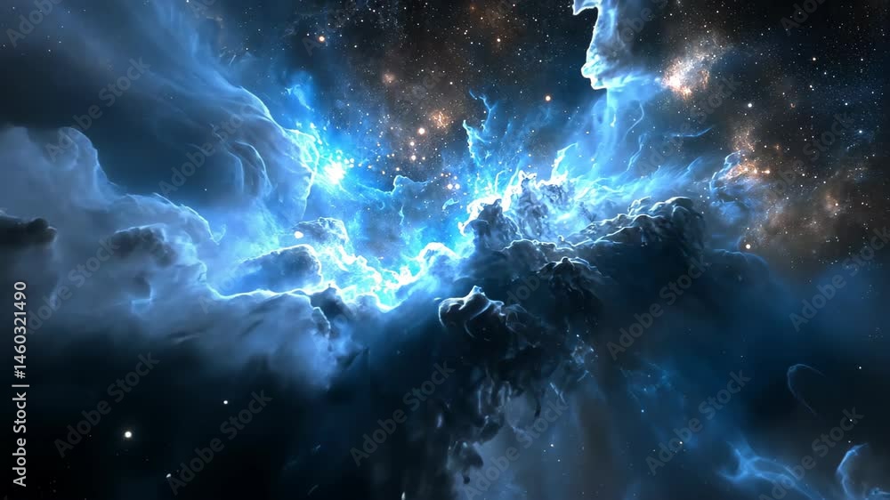 Poster celestial symphony: an awe-inspiring, high-resolution digital rendering of a nebula, exploding with 