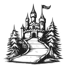 Fototapeta premium Detailed Black and White Castle Illustration with Trees and Pathway
