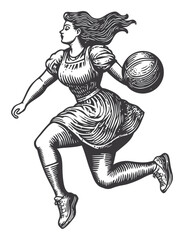 Vintage Illustration of a Woman in Motion While Dribbling a Ball