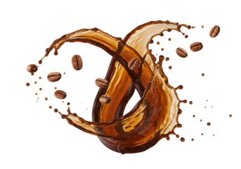 Premium aromatic coffee beans and liquid splash advertising concept on transparent background