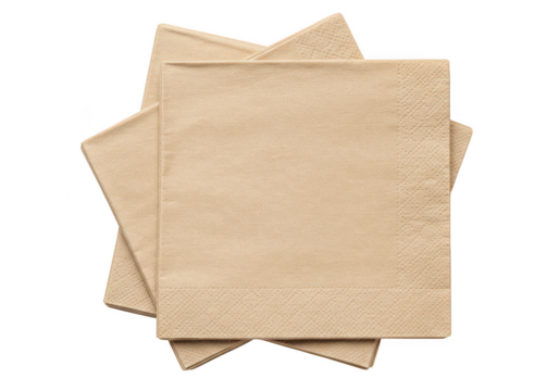 A stack of tan colored square paper napkins together close up on transparent background