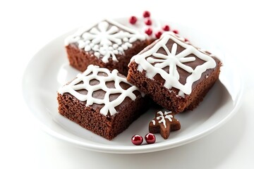 Delicious Square Chocolate Brownies Decorated with White Icing on Plate with White Background