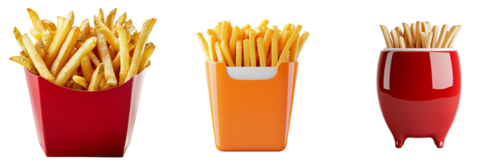 Png of Three containers filled with golden, crispy French fries in vibrant red, orange, and white colors.