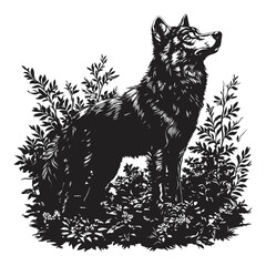 Detailed Illustration of a Wolf Surrounded by Lush Greenery