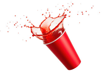 Red beverage splash in cup still life studio shot product photo on transparent background