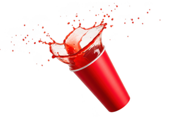 Red beverage splash in cup still life studio shot product photo on transparent background
