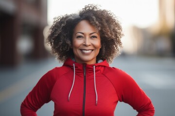 Portrait of a middle age body positive african american woman in sporty clothes smiling after running on the street
