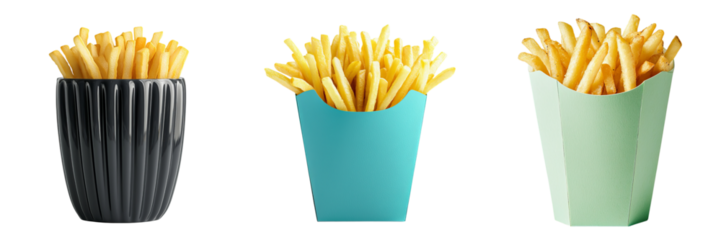 Png of Three stylish containers of golden French fries in modern designs with varying colors and shapes.