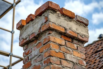 Naklejka premium Old brick chimney with blue sky and wooden roof structure