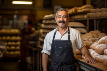 Fototapeta premium Portrait of a middle aged hispanic worker in bakery