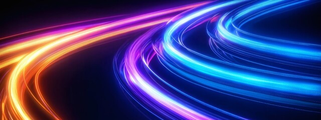 High speed neon light trails on curved road representing quantum networks, smart mobility, and future technology

