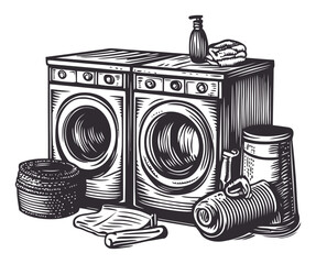 Vintage Laundry Room Illustration with Washing Machines and Supplies