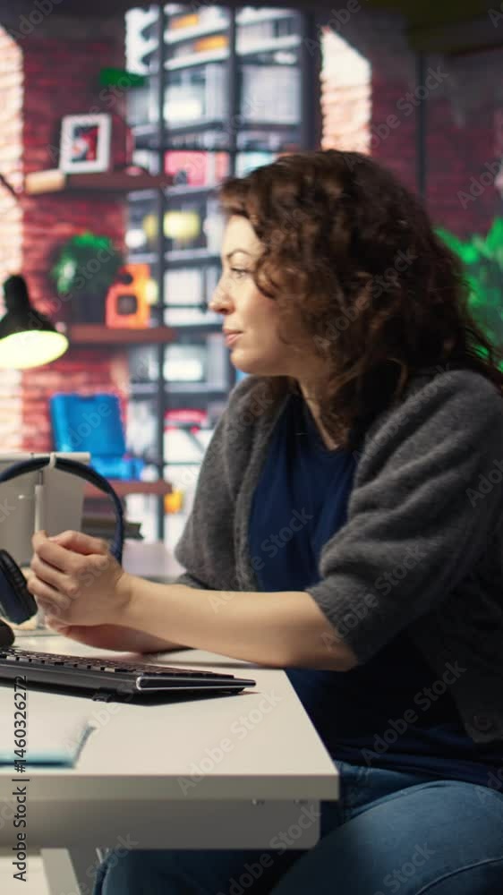 Poster vertical video female system admin doing maintenance on ai brain pc systems, sitting at office desk.