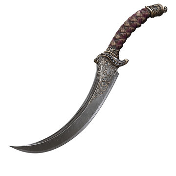 Sleek desert scimitar with a curved blade and jeweled handle, isolated on a transparent background