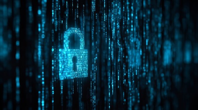 Cybersecurity concept: digital lock in a data stream for network safety
