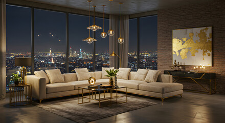 Exclusive Apartment Interior With Splendid Skyline View In The Evening