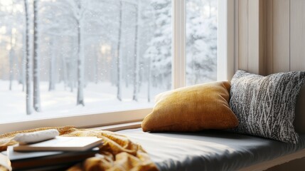 Cozy window seat with pillows, book, and blanket in a snowy winter wonderland scene
