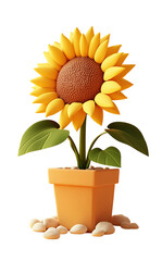 Obraz premium Vibrant yellow sunflower in orange pot with white pebbles summer 3d joy on transparent background