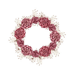Rose maroon and dried flowers, gothic wreath watercolor illustration. Halloween or Day of the Dead botanical decoration. Frame isolated from background. Gothic design.